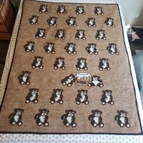 VTG Biederlack Reversible Blanket Cream Brown Gray Teddy Bear